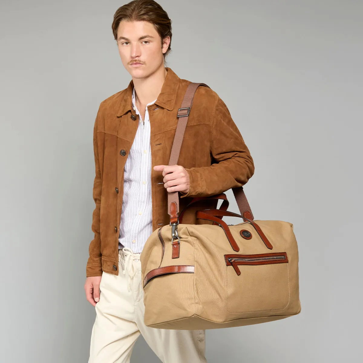 Borsone in pelle e tessuto medium size-The Bridge Outlet